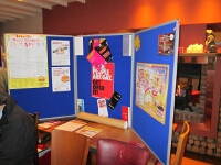 A fire safety poster, sat next to an open fire.